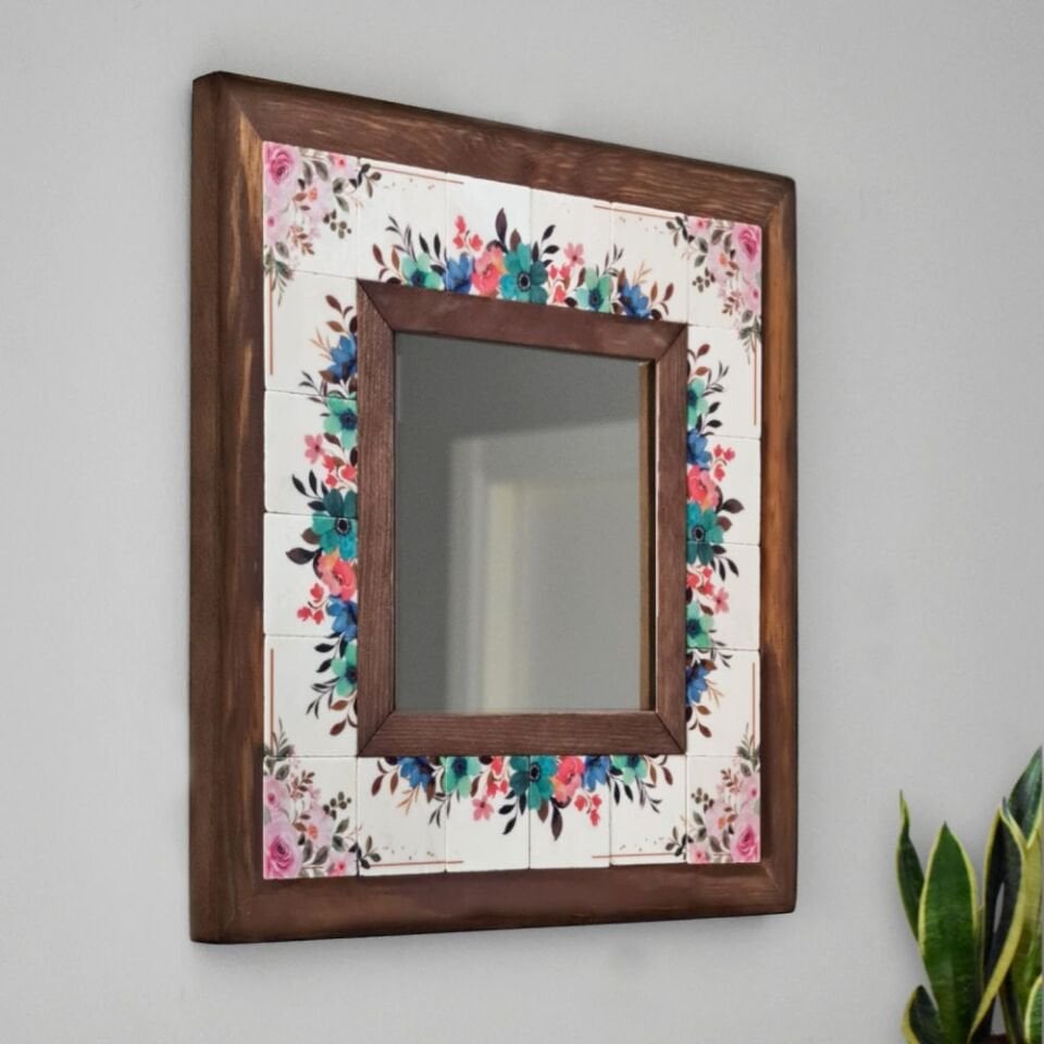 Flower Temalı Desenli Mermer Dekoratif Ayna 34x34cm – 066.1