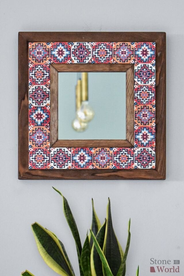 Ethnic Desenli Mermer Dekoratif Ayna 34x34cm - 001.1