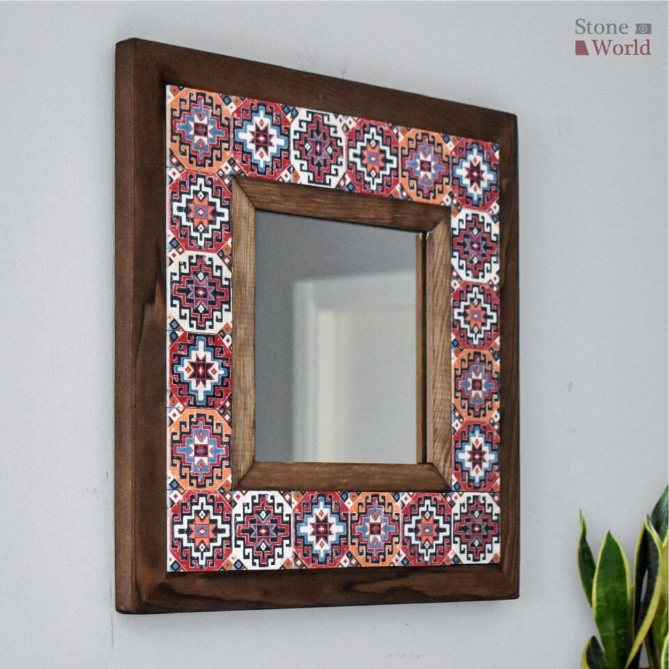 Ethnic Desenli Mermer Dekoratif Ayna 34x34cm - 001.1