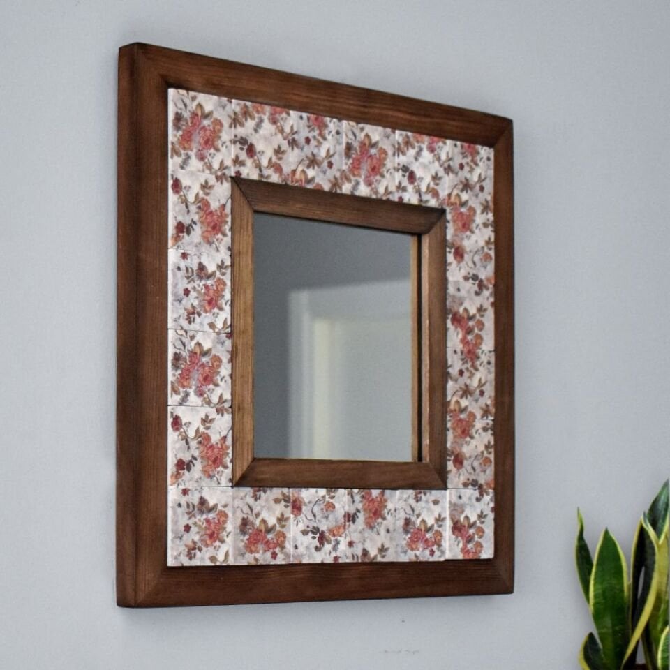 Flower Desenli Mermer Dekoratif Ayna 34x34cm - 004.1