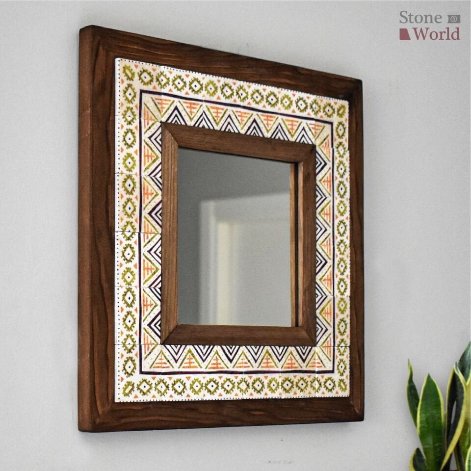 Etnik Desenli Mermer Dekoratif Ayna 34x34cm - 008.1