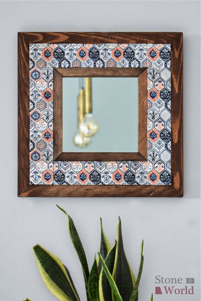 Etnik Desenli Mermer Dekoratif Ayna 34x34cm - 009.1
