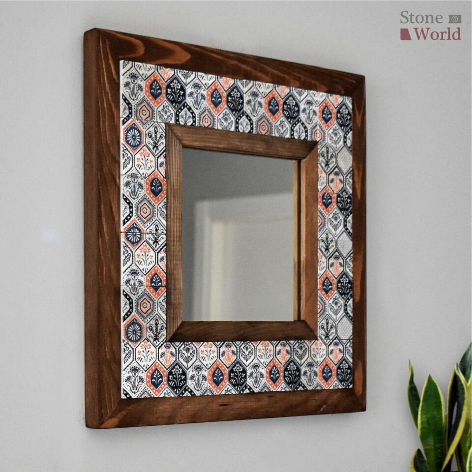 Etnik Desenli Mermer Dekoratif Ayna 34x34cm - 009.1