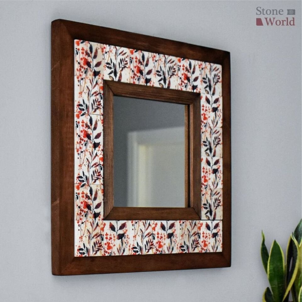 Flower Desenli Mermer Dekoratif Ayna 34x34cm - 010.1