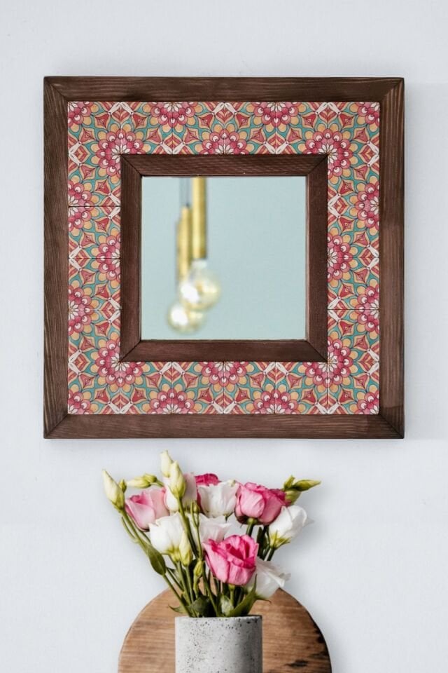 Flower Desenli Mermer Dekoratif Ayna 34x34cm - 017.1