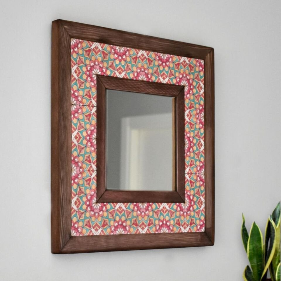 Flower Desenli Mermer Dekoratif Ayna 34x34cm - 017.1