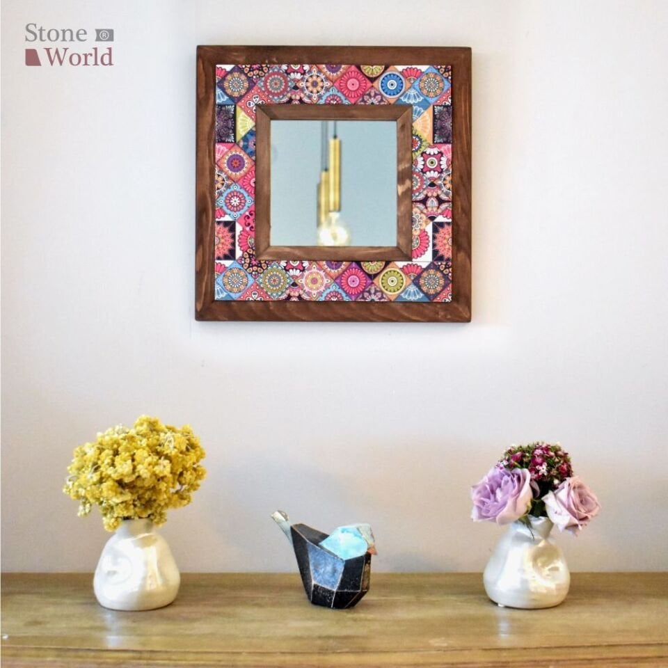 Mandala Desenli Mermer Dekoratif Ayna 34x34cm - 021.1