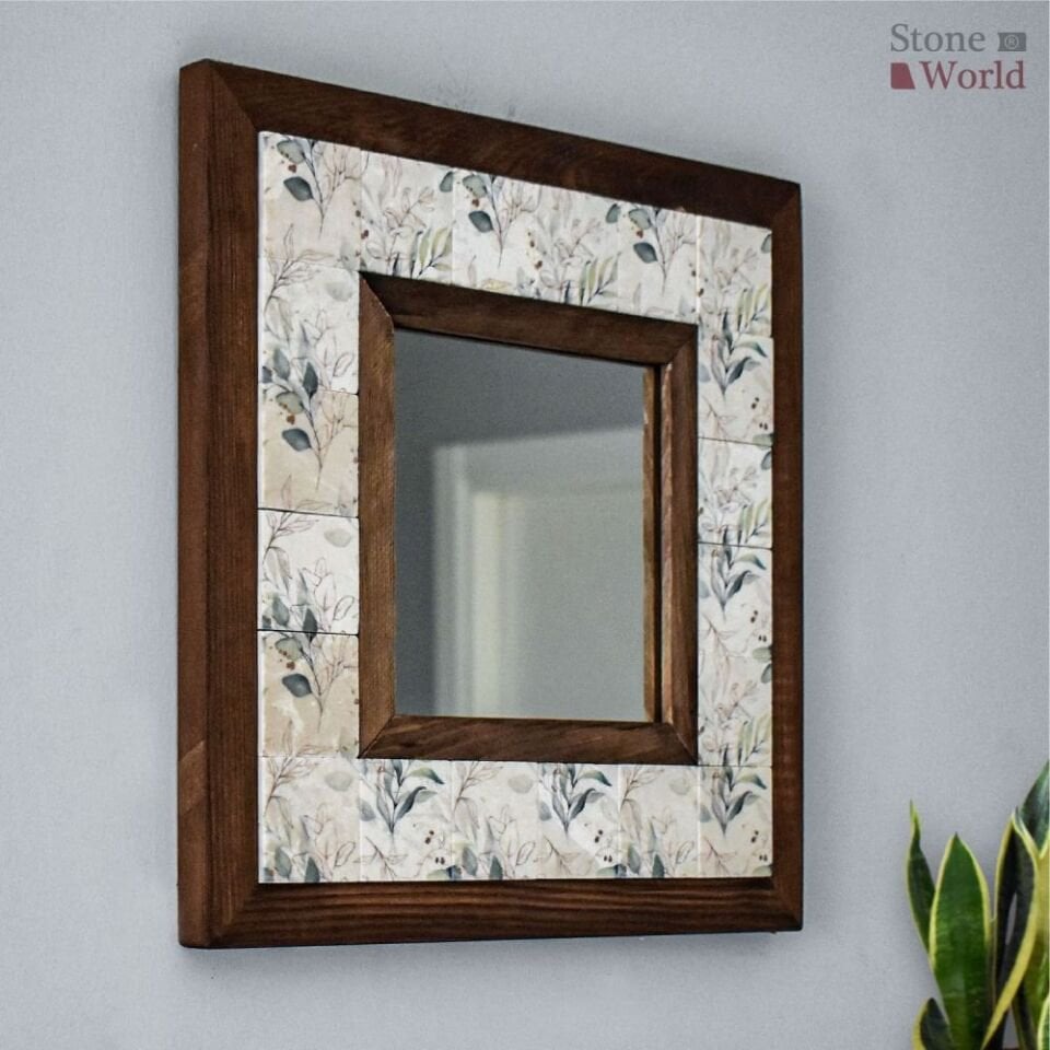 Flower Desenli Mermer Dekoratif Ayna 34x34cm - 024.1