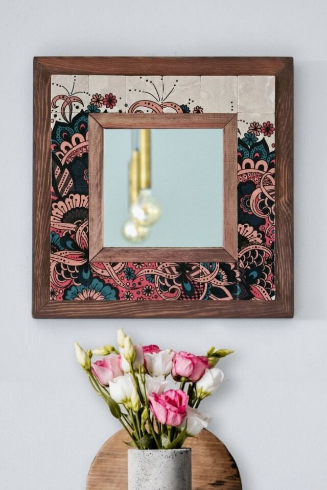 Mandala Desenli Mermer Dekoratif Ayna 34x34cm - 025.1