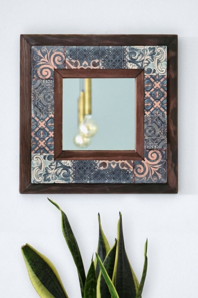 Vintage Desenli Mermer Dekoratif Ayna 34x34cm - 031.1