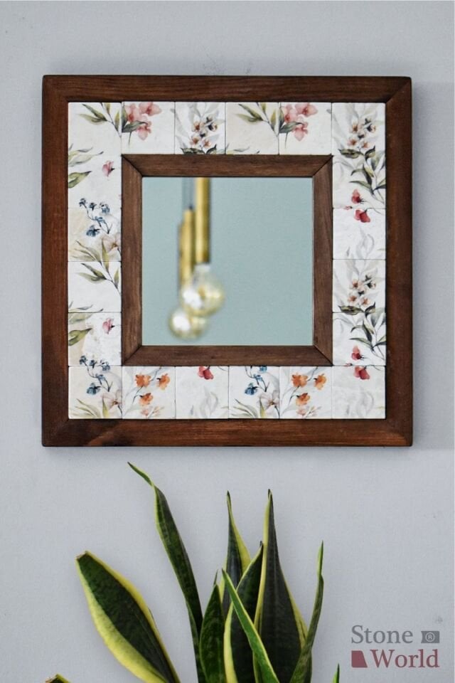 Flower Desenli Mermer Dekoratif Ayna 34x34cm - 035.1
