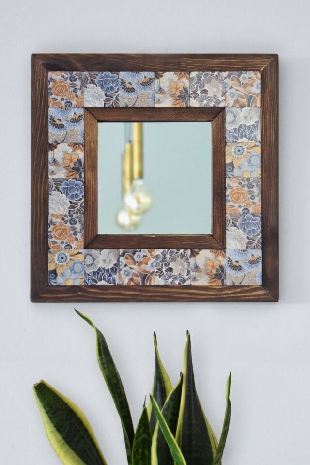 Flower Desenli Mermer Dekoratif Ayna 34x34cm - 037.1