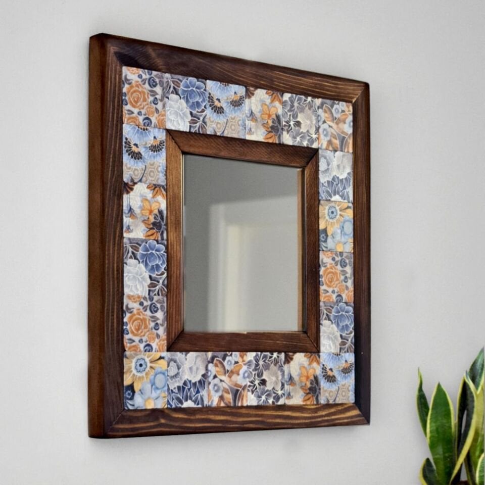 Flower Desenli Mermer Dekoratif Ayna 34x34cm - 037.1