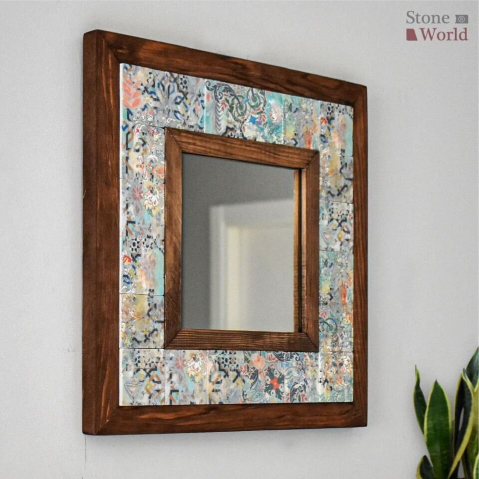 Vintage Desenli Mermer Dekoratif Ayna 34x34cm - 043.1