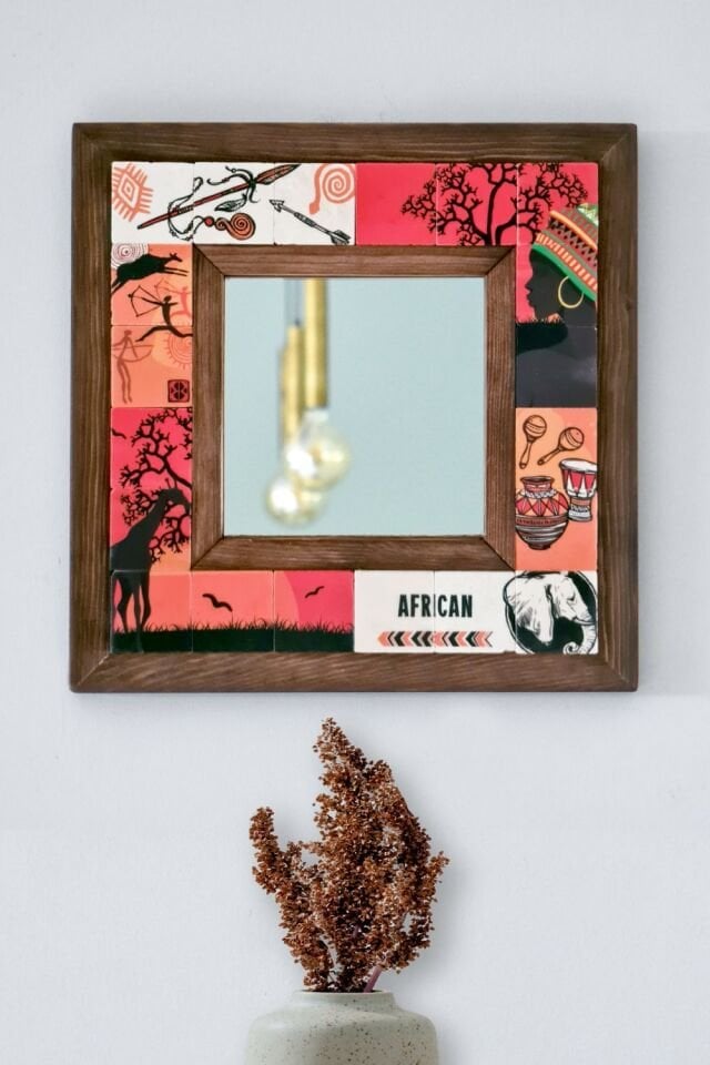 African Desenli Mermer Dekoratif Ayna 34x34cm - 051.1