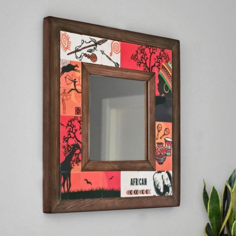 African Desenli Mermer Dekoratif Ayna 34x34cm - 051.1