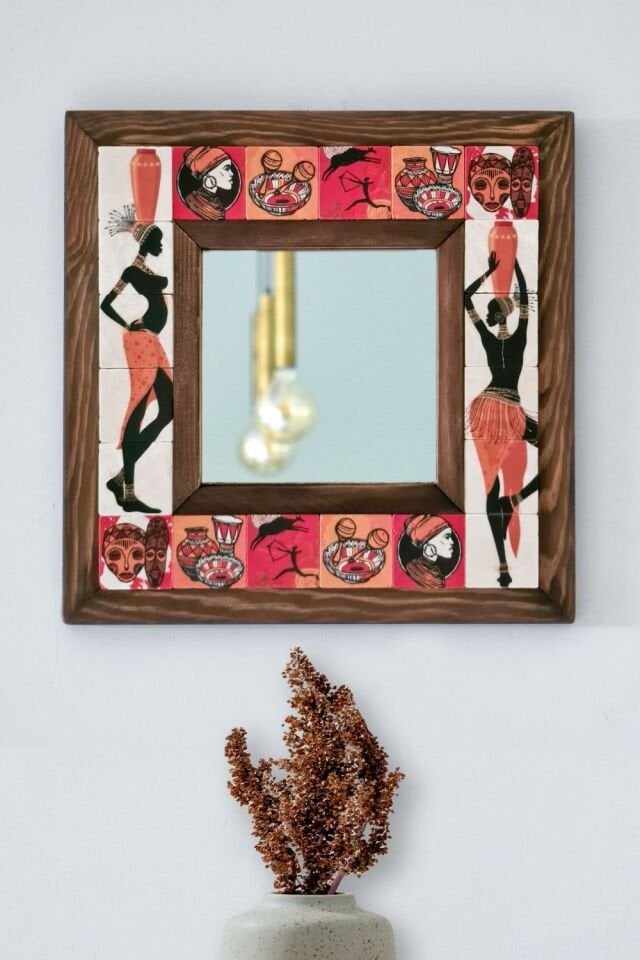 African Desenli Mermer Dekoratif Ayna 34x34cm - 051.2