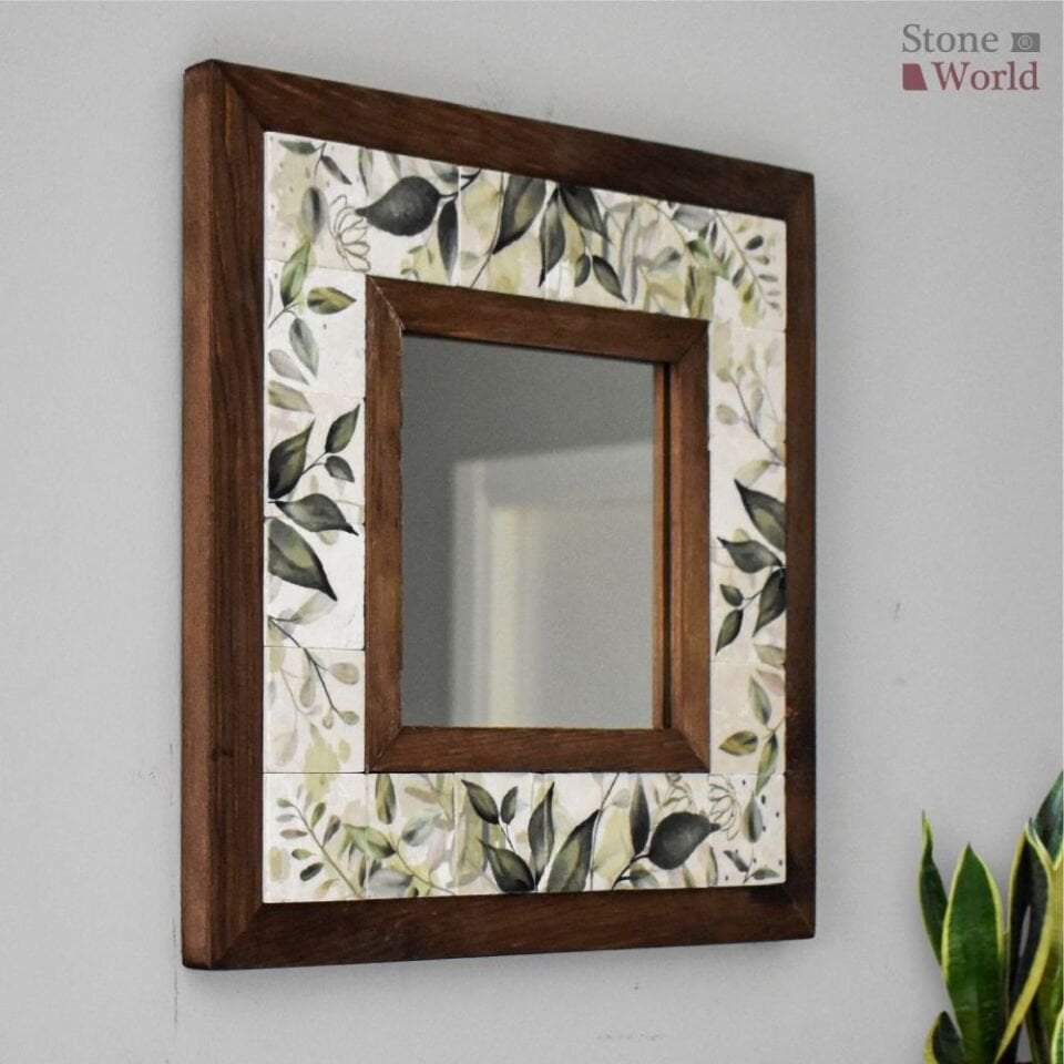 Flower Desenli Mermer Dekoratif Ayna 34x34cm - 065.1