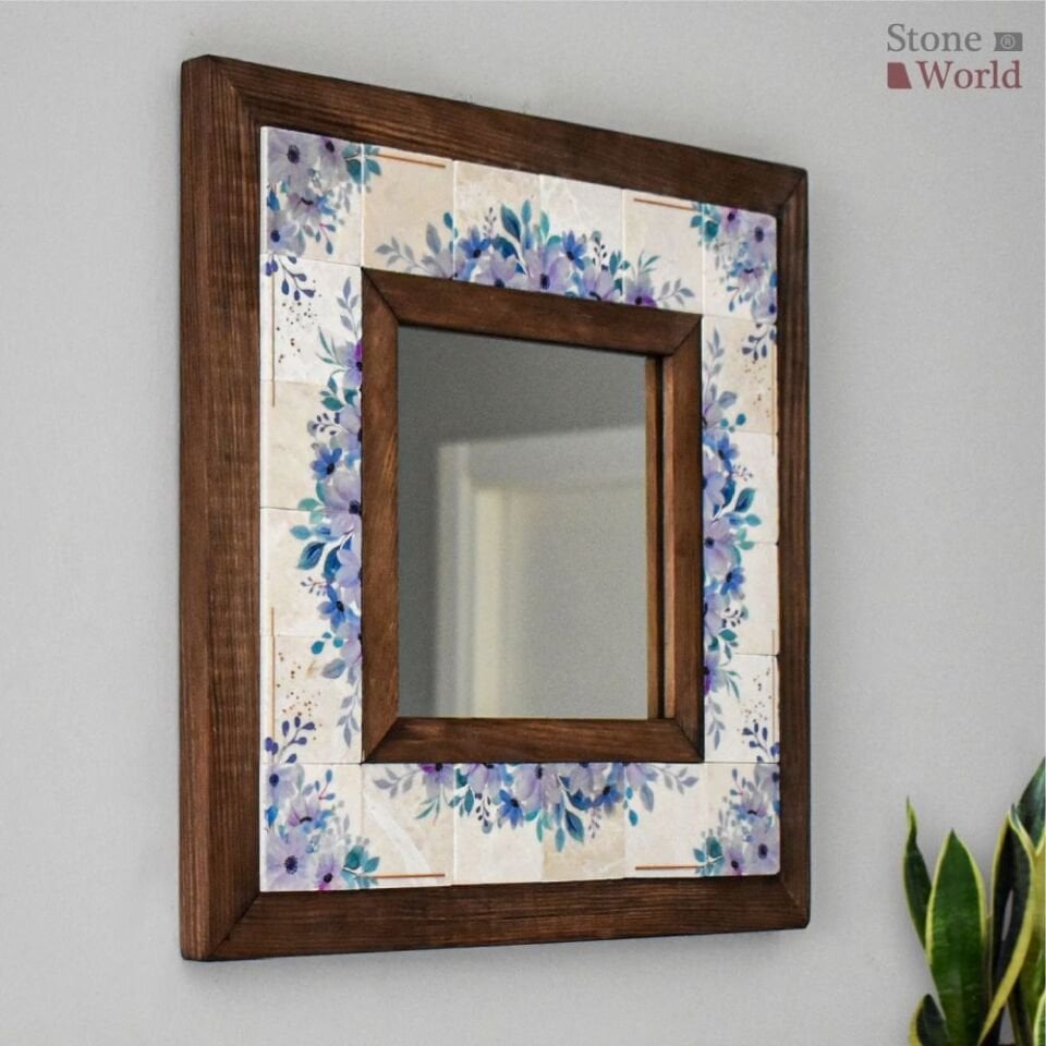 Flower Desenli Mermer Dekoratif Ayna 34x34cm - 066.2