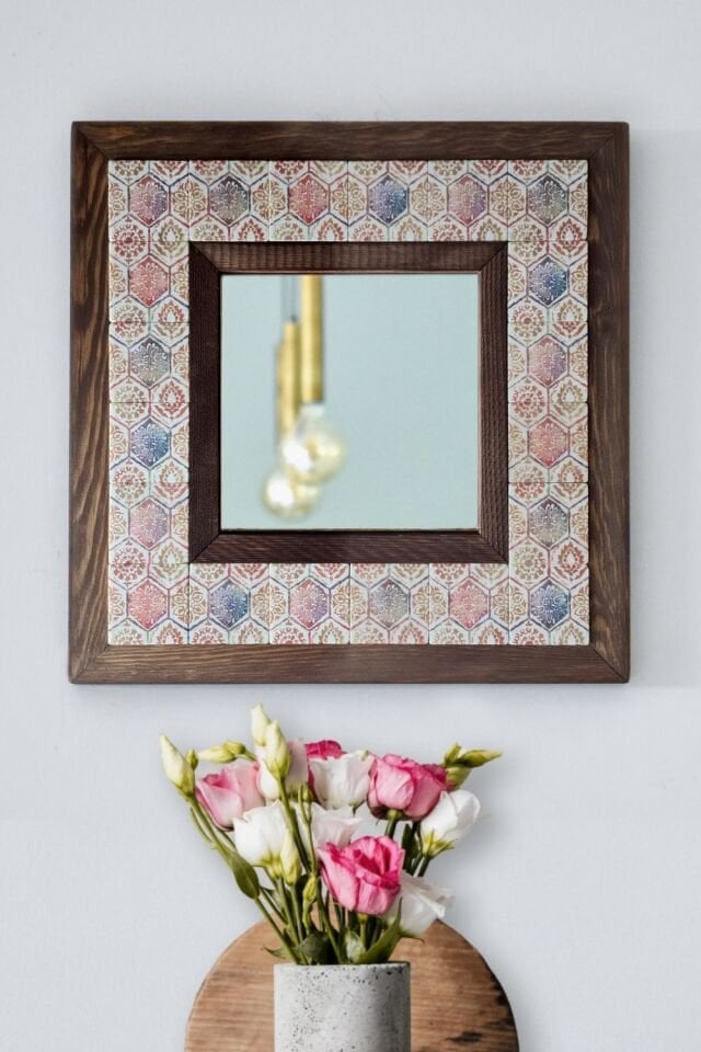 Vintage Desenli Mermer Dekoratif Ayna 34x34cm - 069.1