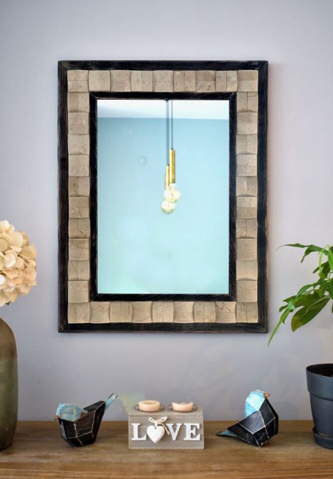 Squary Bej Mermer Dekoratif Ayna - 50x65 cm