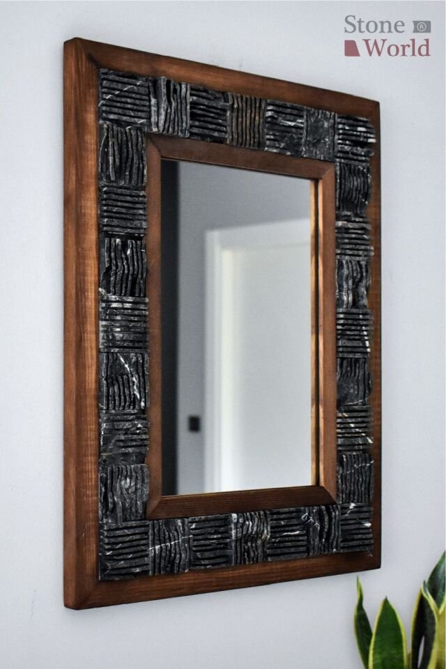 Dekoratif Ayna – Scratch Siyah Mermer | 40x50 cm