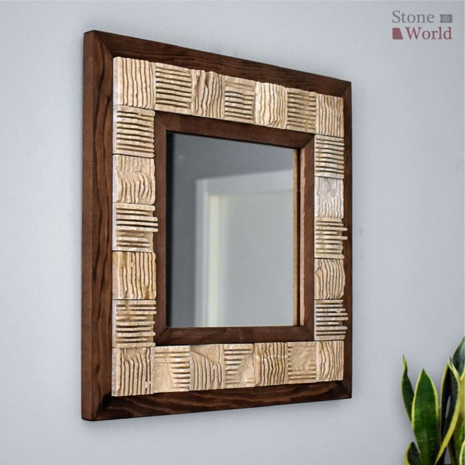 Dekoratif Ayna – Scratch Bej Mermer | 40x40 cm