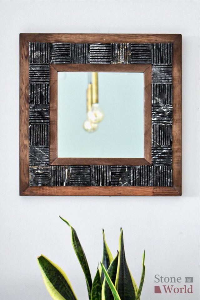 Scratch Siyah Mermer Dekoratif Ayna - 40x40 cm