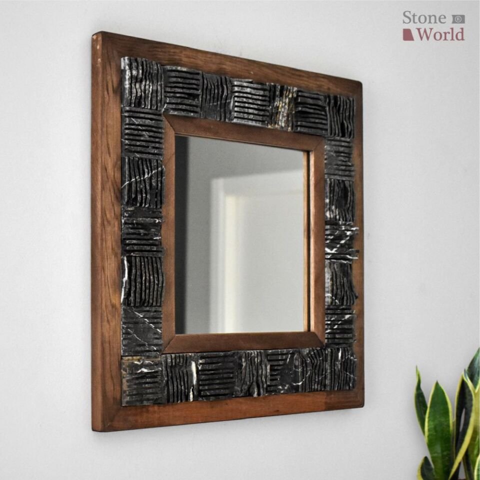 Scratch Siyah Mermer Dekoratif Ayna - 40x40 cm