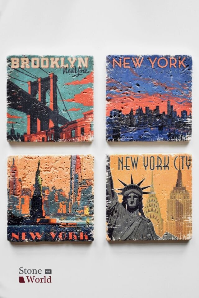 Doğal taş Bardak altlığı - 4'lü Takım - New York - 001