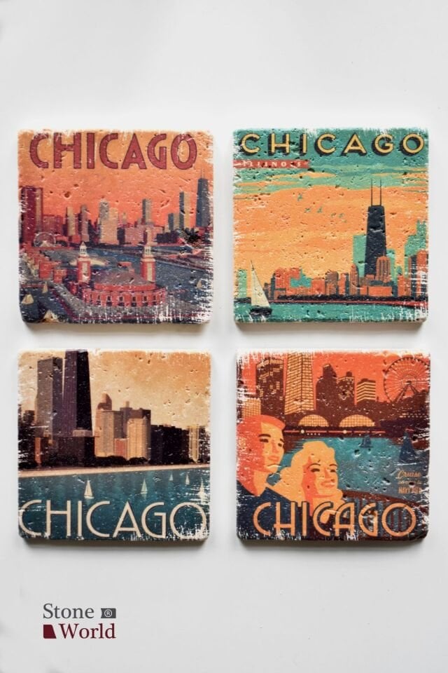 Doğal taş Bardak altlığı - 4'lü Takım - Chicago - 004