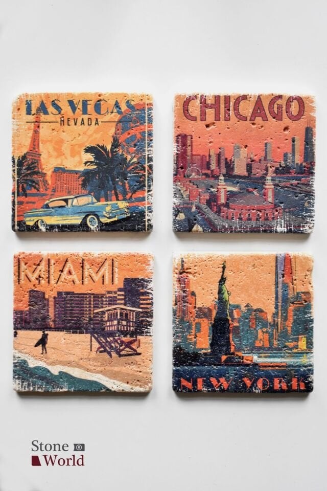 Doğal taş Bardak altlığı - 4'lü Takım - USA - 006