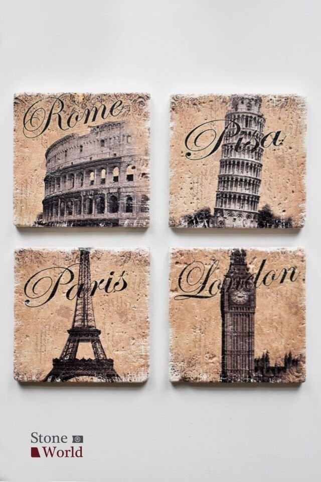 Doğal taş Bardak altlığı - 4'lü Takım - Europe - 007