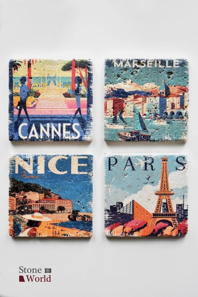 Doğal taş Bardak altlığı - 4'lü Takım - France - 009