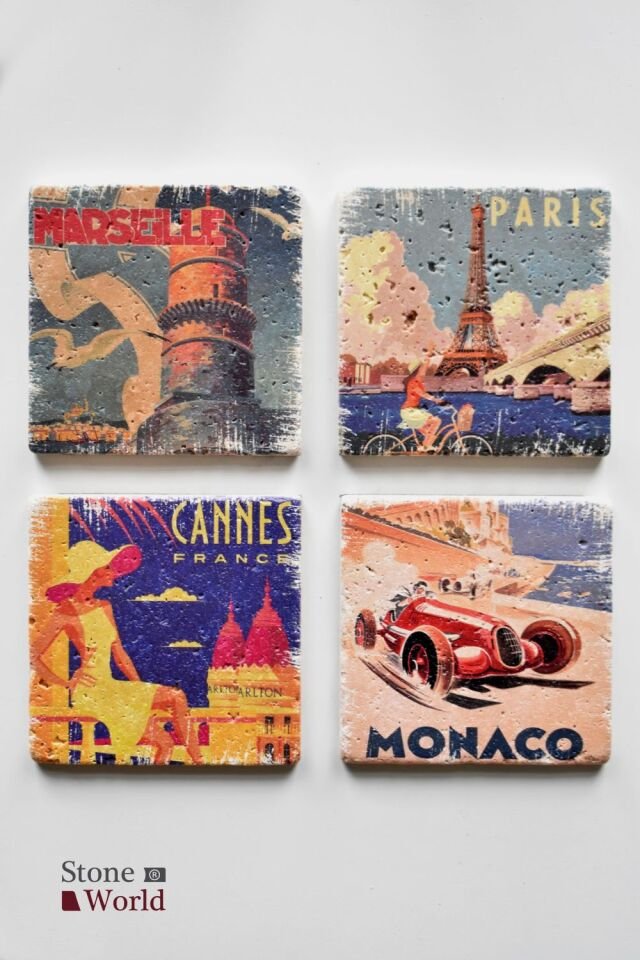 Doğal taş Bardak altlığı - 4'lü Takım - France - 010