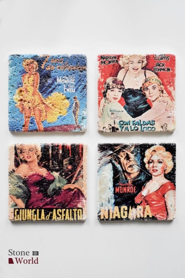 Doğal taş Bardak altlığı - 4'lü Takım - Morilyn Monroe - 025