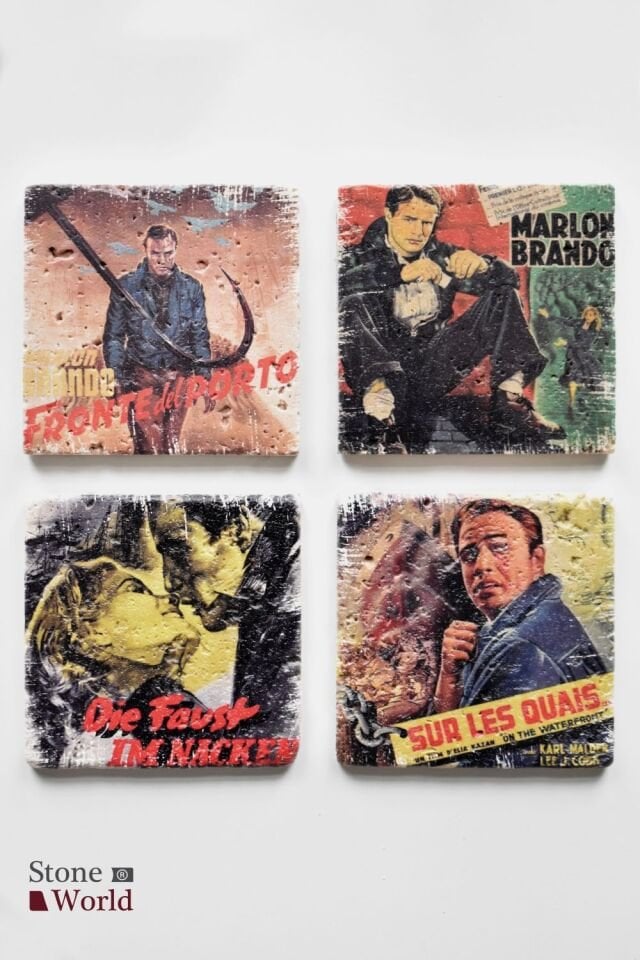 Doğal taş Bardak altlığı - 4'lü Takım - Marlon Brando - 026