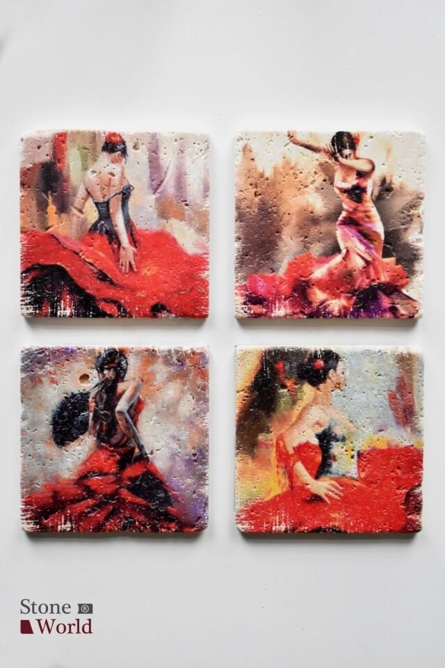 Doğal taş Bardak altlığı - 4'lü Takım - Flamenco - 032
