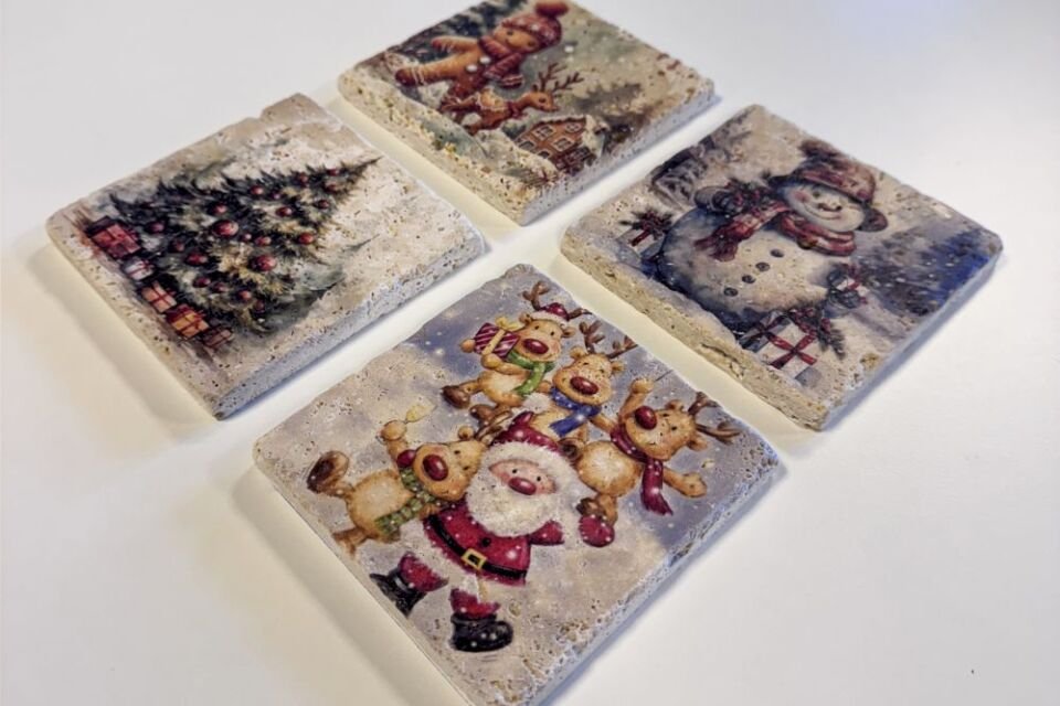 Doğal taş Bardak altlığı - 4'lü Takım - Yılbaşı Set 1 - 044