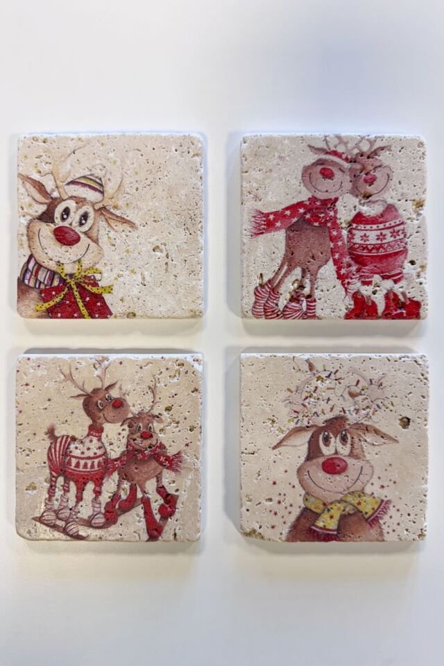Doğal taş Bardak altlığı - 4'lü Takım - Yılbaşı Set 2 - 046