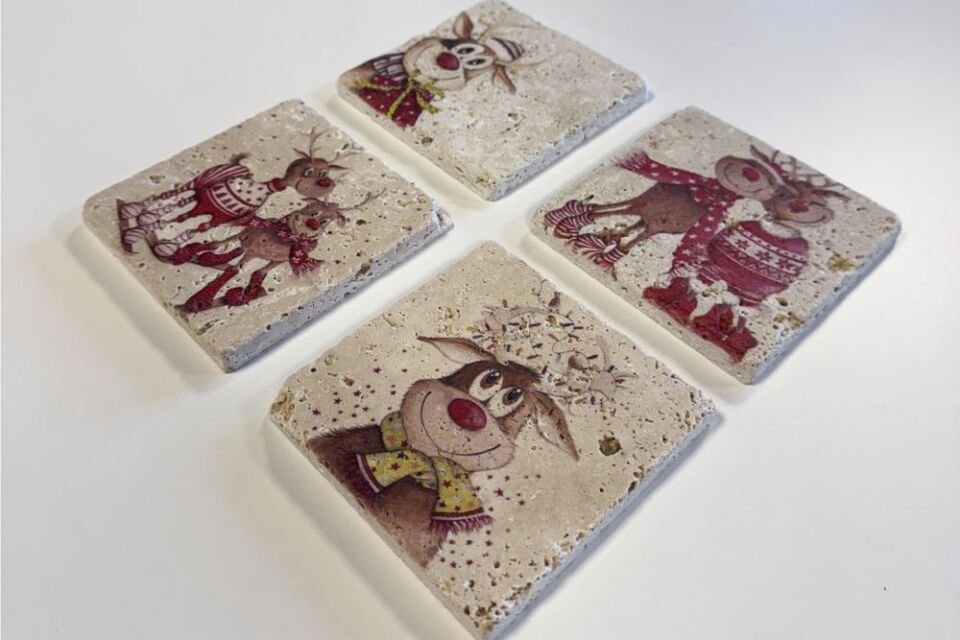 Doğal taş Bardak altlığı - 4'lü Takım - Yılbaşı Set 2 - 046