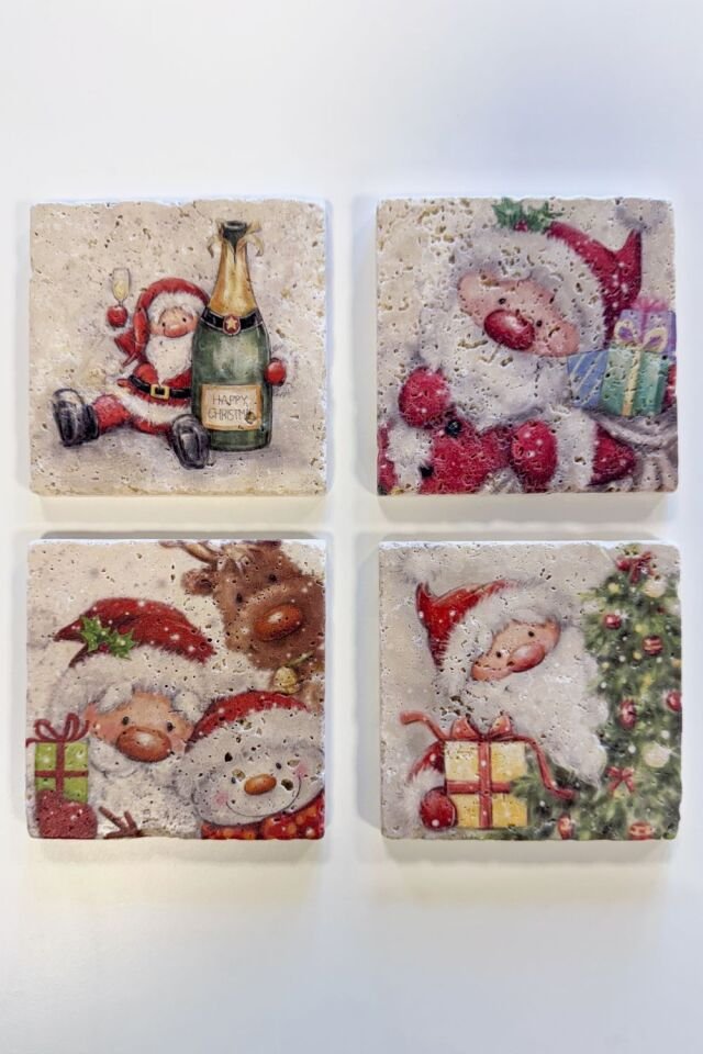 Doğal taş Bardak altlığı - 4'lü Takım - Yılbaşı Set 3 - 047