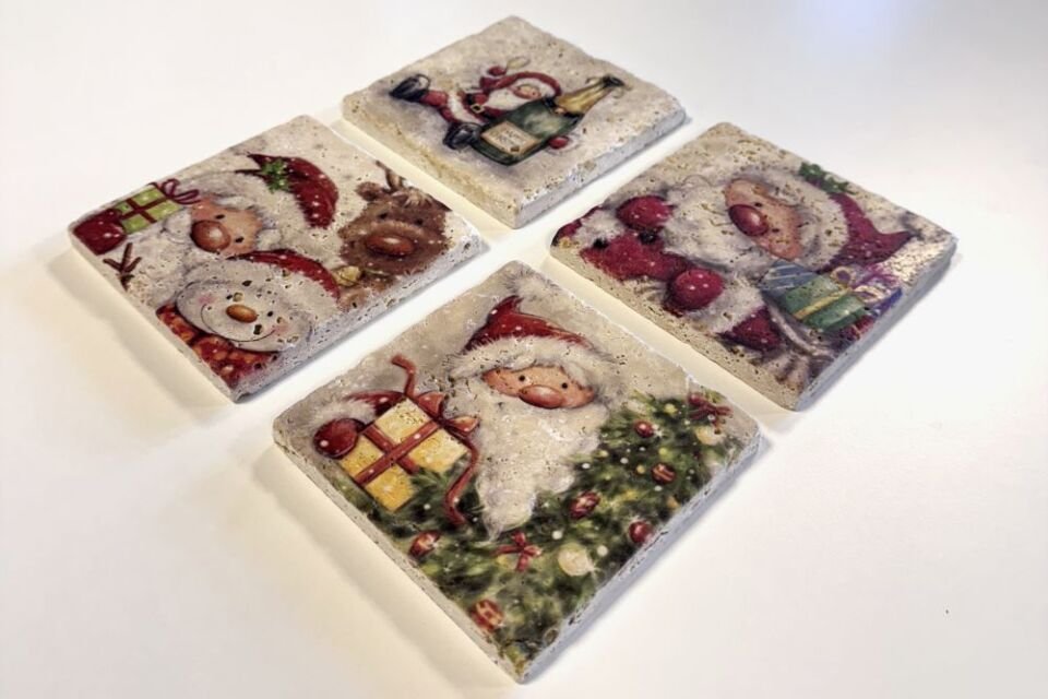 Doğal taş Bardak altlığı - 4'lü Takım - Yılbaşı Set 3 - 047