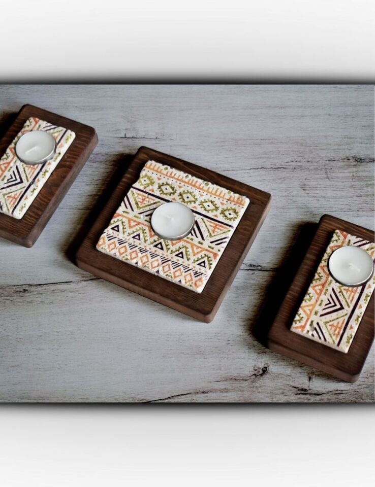 Doğal Taş ve Masif Ahşaptan Mumluk Seti - 008