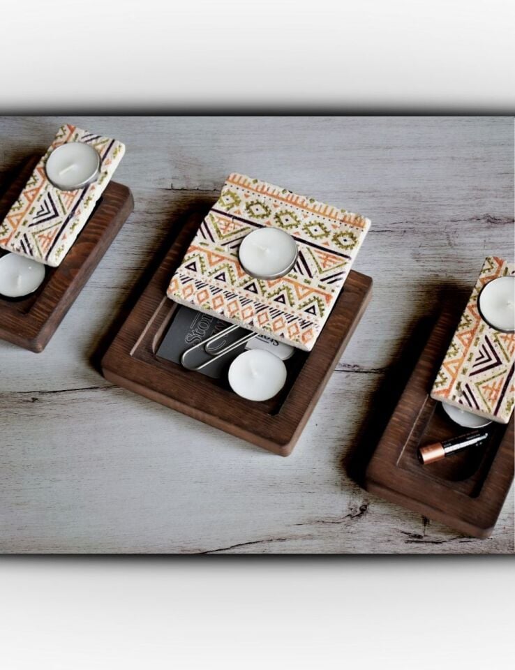 Doğal Taş ve Masif Ahşaptan Mumluk Seti - 008