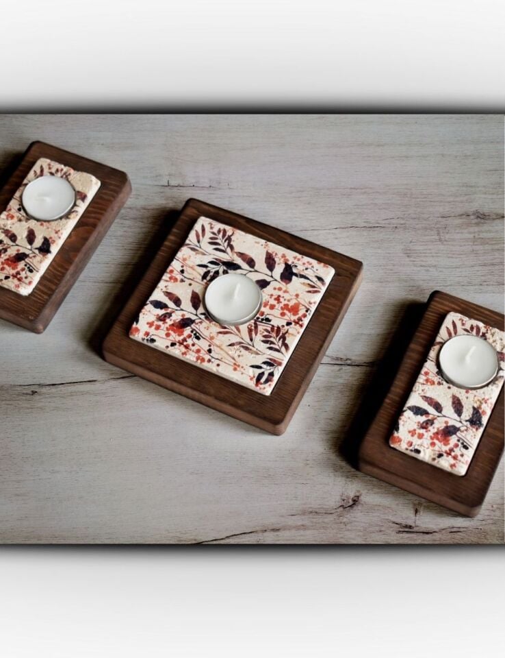 Doğal Taş ve Masif Ahşaptan Mumluk Seti - 010