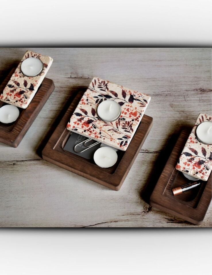 Doğal Taş ve Masif Ahşaptan Mumluk Seti - 010