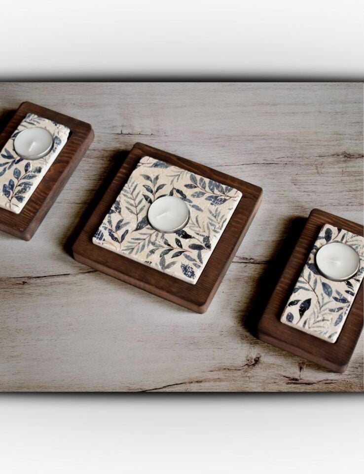 Doğal Taş ve Masif Ahşaptan Mumluk Seti - 012