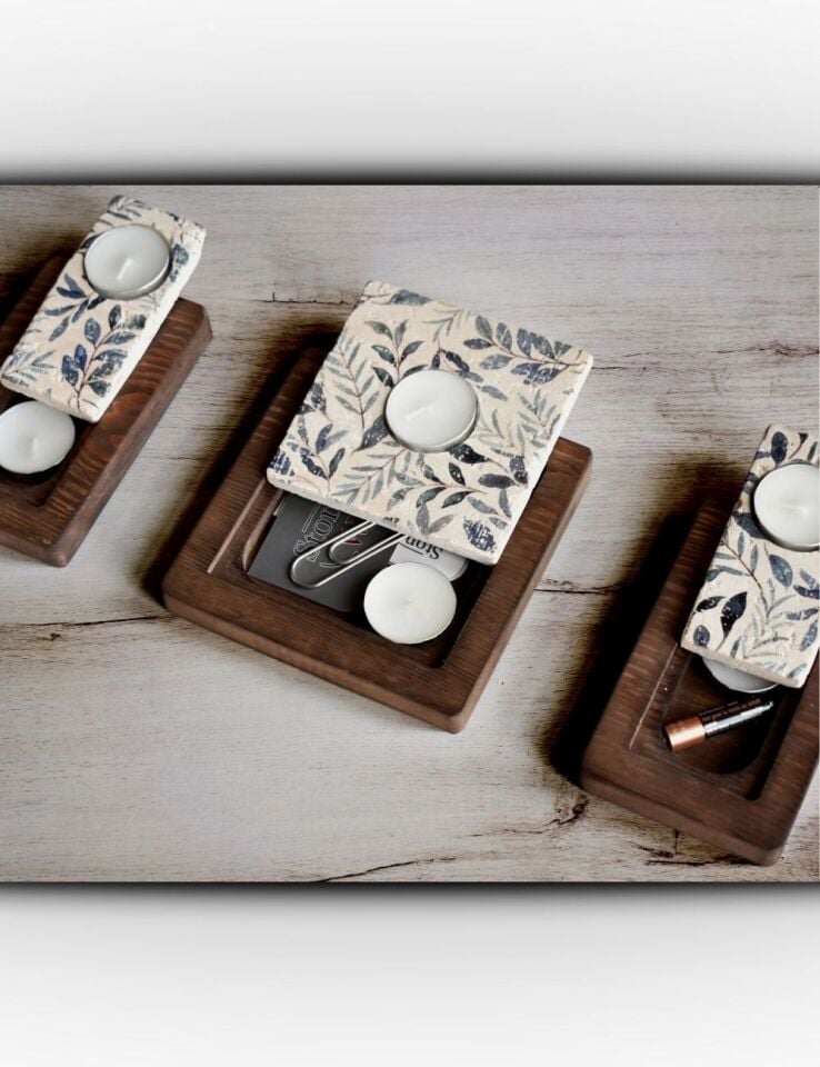 Doğal Taş ve Masif Ahşaptan Mumluk Seti - 012