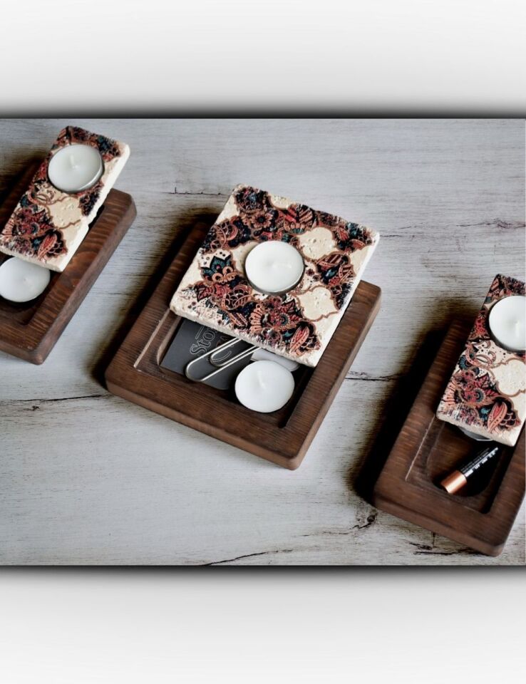 Doğal Taş ve Masif Ahşaptan Mumluk Seti - 025